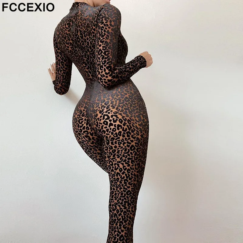 

FCCEXIO Mesh Leopard Jumpsuit Women Early Autumn Sexy Sheath Body-Shaping One Piece Clothing Long Sleeve Hot Midnight Clubwear