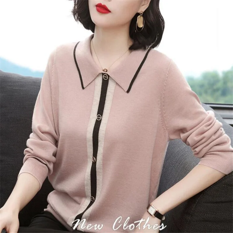 

Шерстяные свитера с лацканами для женщин, вязаный пуловер с длинным рукавом, свободный джемпер на пуговицах, топы, осенний Новый Повседневный женский свитер