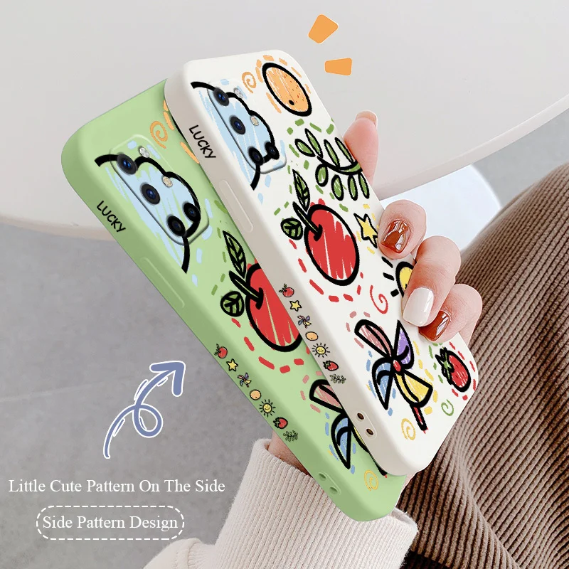 

Doodle Fruits Liquid Silicone Square Ultra Thin Camera Lens Protection Case For Oneplus 8t 9 9pro 9r pro Soft Phone Back Cover