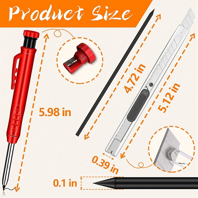 

2 Solid Woodworking Pencils with 12 Refills 2 Utility Knives Built-in Pencil Sharpeners, for Woodworking Architect