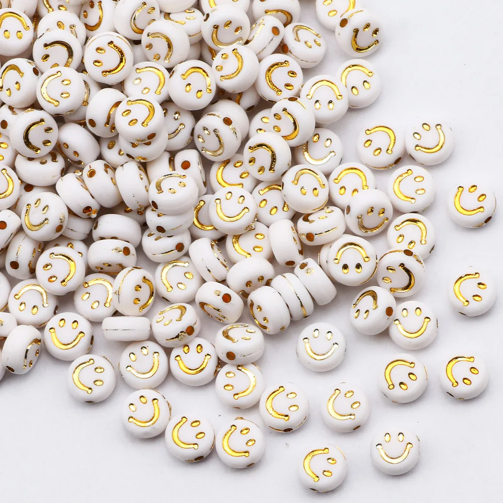 

7mm Flat Round White And Gold Smiley Acrylic Beads Loose Spacer Beads For Jewelry Making DIY Handmade Bracelet Accessories