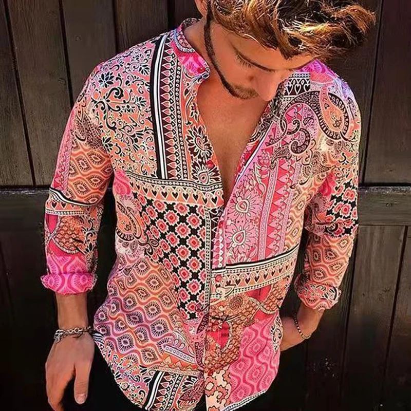 

Fashion Print Casual Men Shirts New Spring Autumn Blouse For Men Vintage Turn-down Collar Buttoned Cardigan Tops 2022 Streetwear
