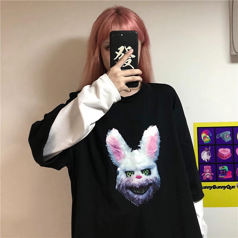 Lychee Harajuku, о-образный вырез, Лоскутная женская футболка, длинный рукав, Поддельные 2 штуки, осенние женские футболки, принт с темным Кроликом, женская футболка