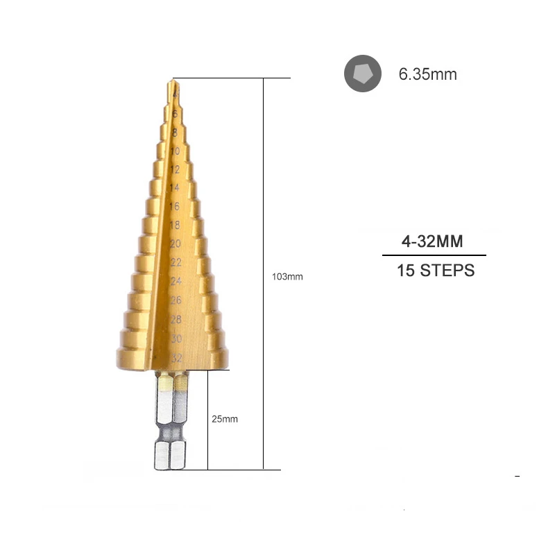 4-32mm(15steps) Ступенчатое сверло из быстрорежущей стали 4-12 мм 4-20 мм 4-32 мм 1/4 дюйма с шестигранным хвостовиком ступенчатое сверло конус инструменты для деревообработки дерева и металла - Цвет: 4-32mm(15steps)