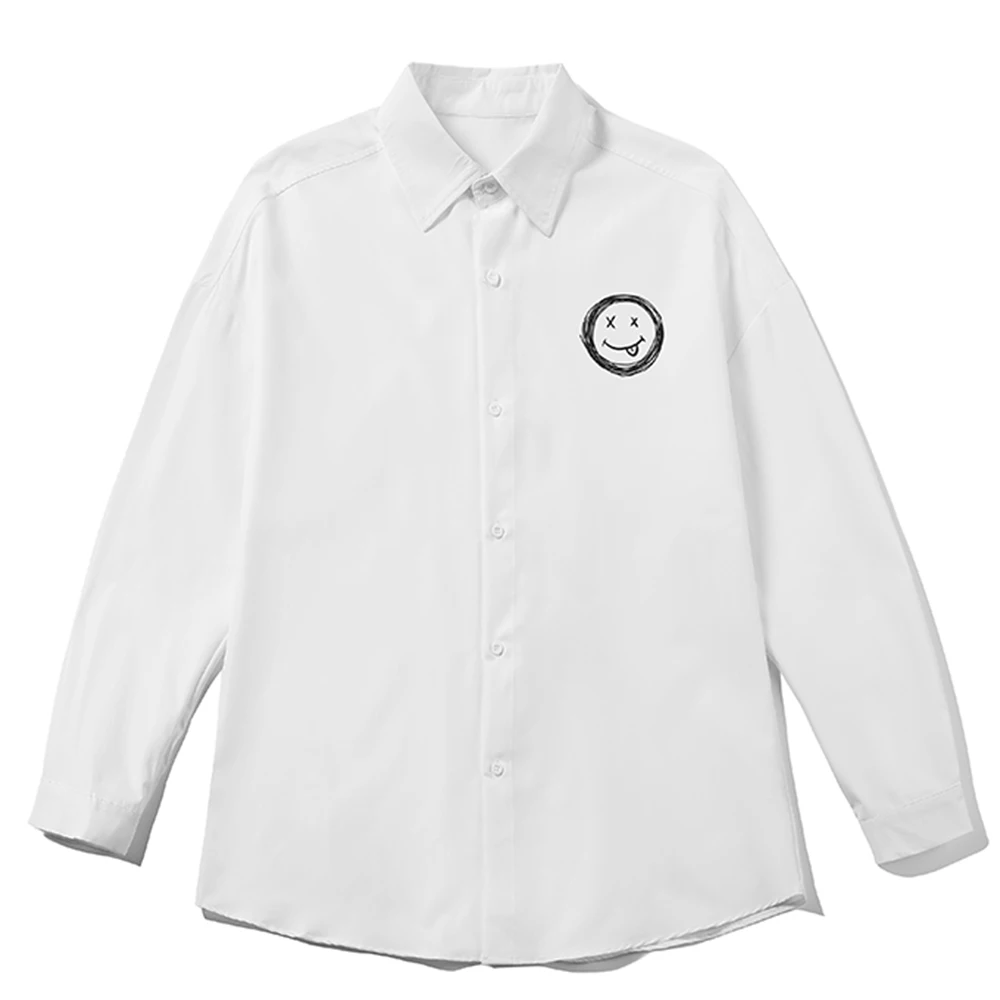 

Рубашка мужская с длинным рукавом и принтом улыбающегося лица, летняя и осенняя, свободная, большого размера