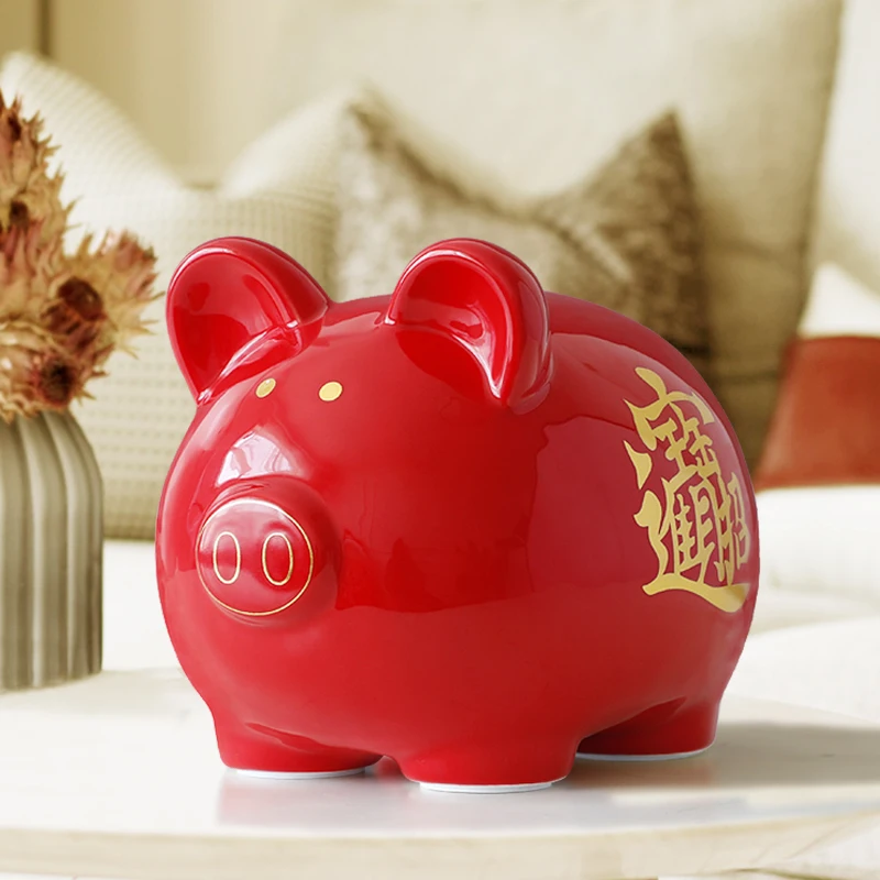 

Ceramics Chinese Red Net Pig Money box Gift for children Cute piggy bank pig figure Money coins saving box storage box