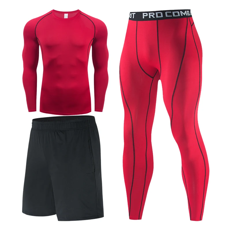 

2021 Men Sportswear Compression Suits Breathable Gym Clothes Man Sports Joggers Training Red Tracksuit Running Sets S -3XL