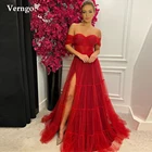 Женское вечернее платье Verngo, красное Тюлевое Платье трапециевидного силуэта, с открытыми плечами, рукавами на косточках, с разрезом сбоку, со шлейфом, 2021