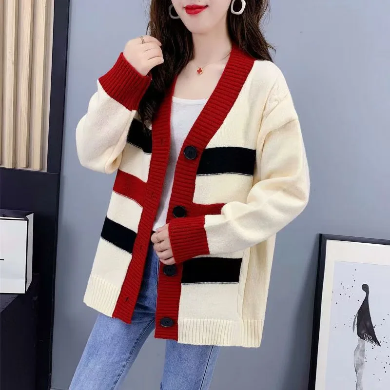 

VANOVICH Korean Style Retro Contrast Striped Loose V-neck Cardigan 2021 Winter New Fall Sweaters for Women