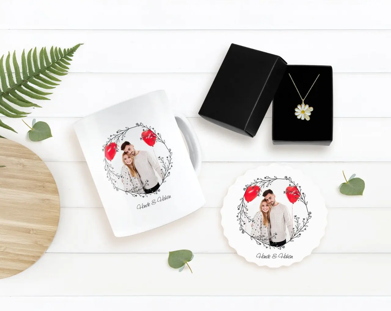 

Персонализированные ко Дню Святого Валентина тематические Фото Подставка под кружку и двойной ожерелье Маргаритка Seti-26