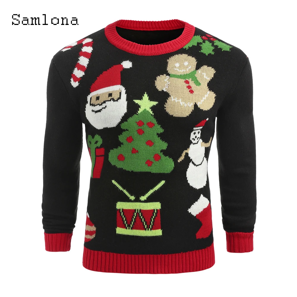 Samlona Plus Size Men Knitted Sweater Winter Warm Coats Mens Streetwear 2021 Christmas Print Top Pullovers Skinny Male Sweater