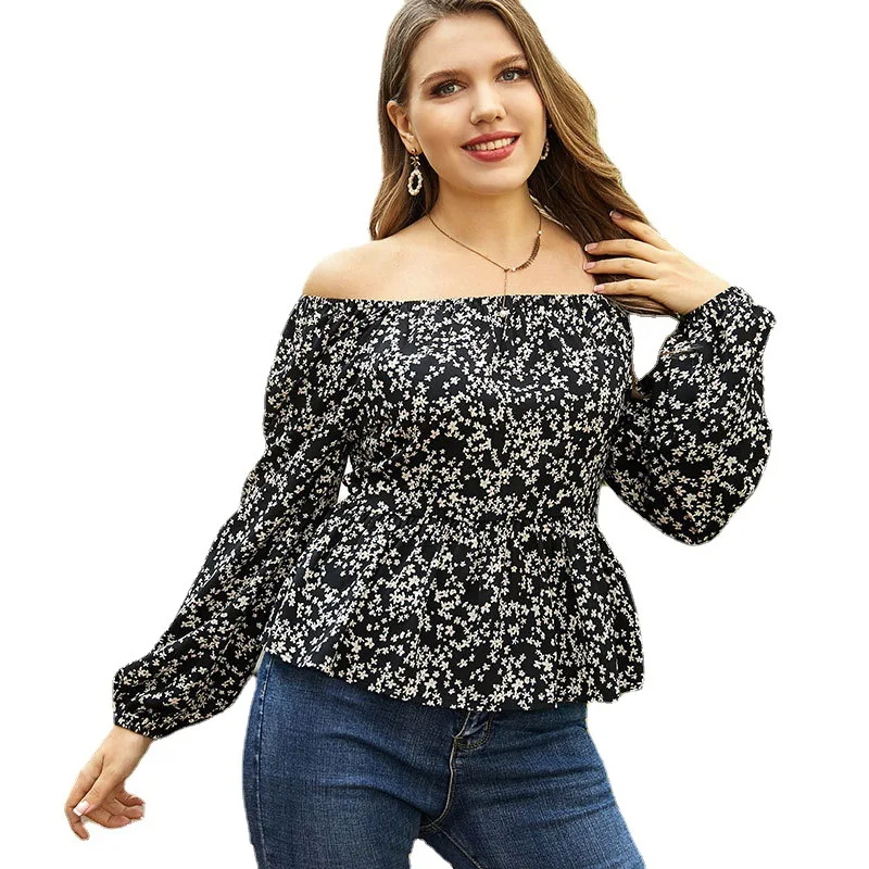 

One-shoulder blouse plus size women's spring 2021 loose lotus leaf sleeve western palace style shirt floral long sleeve t-shirt