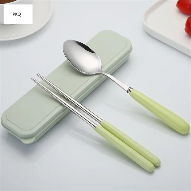 Портативный комплект посуды из нержавеющей стали с покрытием синий розовый