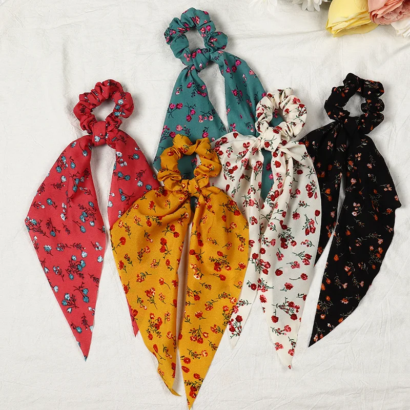 

Knotted Bow Hair Rope Floral Print Scrunchies Long Ribbon Scarf Hair Tie Ponytail Hair Accessories 1PCS Elastic Hair Bands Girls