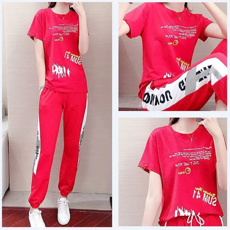 

Fashion Summer Women's Red Suit Sports Street Kpop 2-piece set tops Trousers Jogging Femme Sweat Suit Set Club Outfits Tracksuit