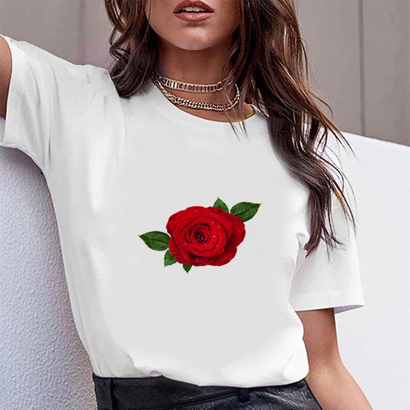 

Red Rose Shirts Woman Clothes Women-clothing Tops Summer Short Sleeve Free Shipping Female Vintage White Shirt Anime Tshirt Cute
