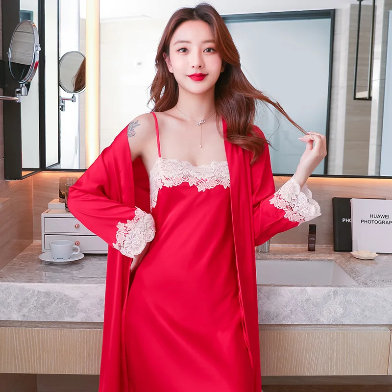 

Sexy Lace Patchwork Kimono Gown Satin Women Robe Nightdress 2021 New Intimate Lingerie Sleepwear Silky Home Clothes Nightgown