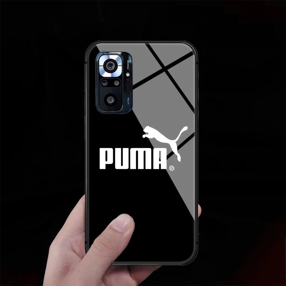 

Fashion Puma Sports Brand Tempered Glass Phone Case Cover For Xiaomi Redmi Note 7 8 9 10 K40 A C S T Pro Black Silicone Bumper