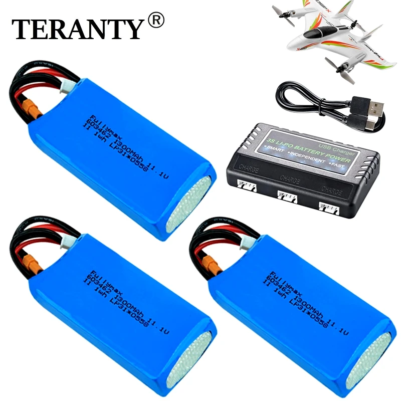 

Upgrade 11.1V 1300mAh Lipo Battery With Charger Sets For XK x450 RC Airplanes Spare Parts 603462 11.1v Rechargeable Batteries