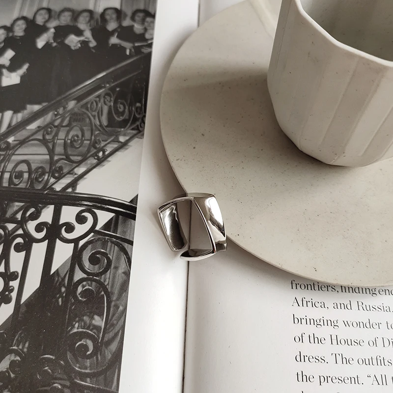

GHIDBK 925 Sterling Silver Minimalist Irregular Square Rings Unique Design Geometrical Ring Women Simple Street Style Ring