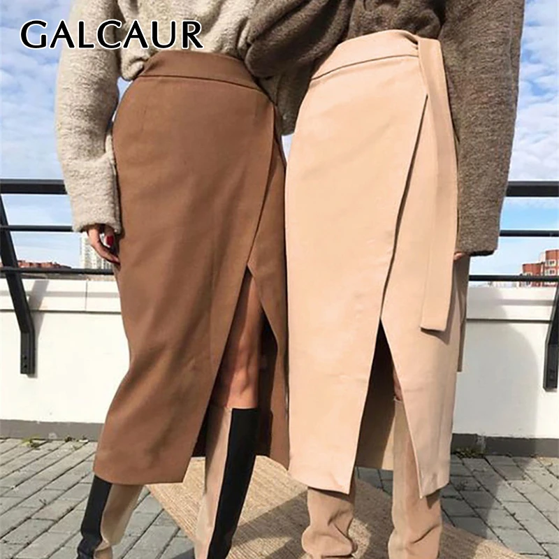 GALCAUR Sxy Skirt Women High Waist Lace Up Batwing Slim Side Split Elegant Midi Skirts Female 2020 Spring Summer Fashion Clothes | Женская