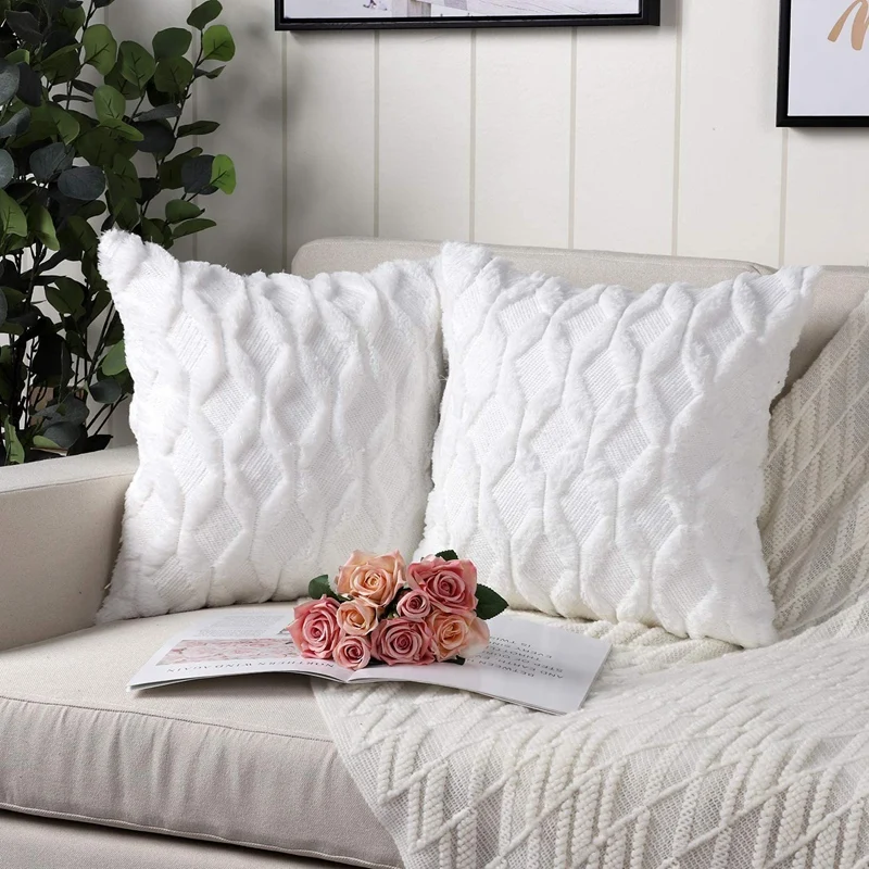 

3 Pcs Soft Plush Short Wool Decorative Throw Pillow Covers, 2 Pcs Creamy White & 1 Pcs White
