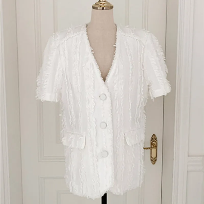 

Office Lady V-Neck Women's Clothing Jackets 2021 Summer Korean Tassel Stitching Casual Short Sleeve Cardigan Outerwear