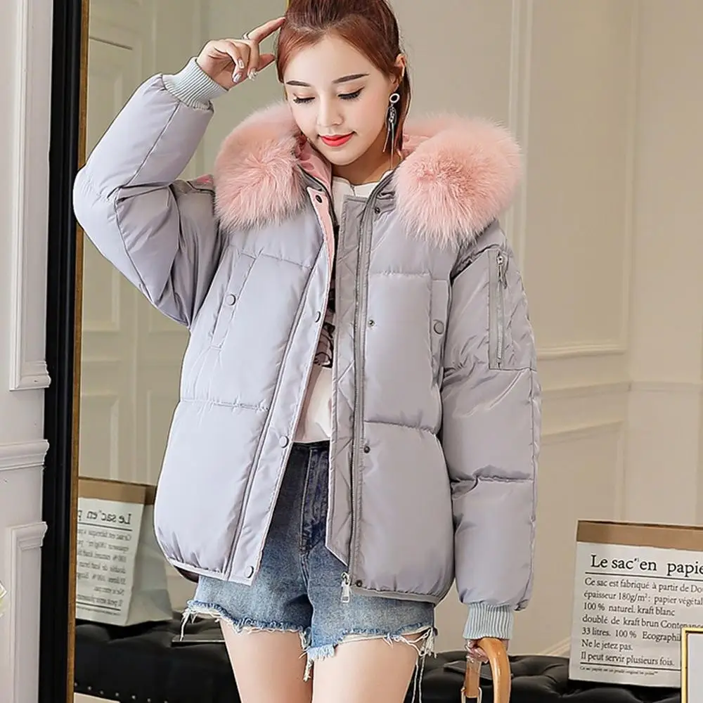 

Korean style Women's Outerwear Long Sleeve Hooded Zipper Plush Collar Letter Aacdemy Pocket Cotton-padded Coat Keep warm Jacket