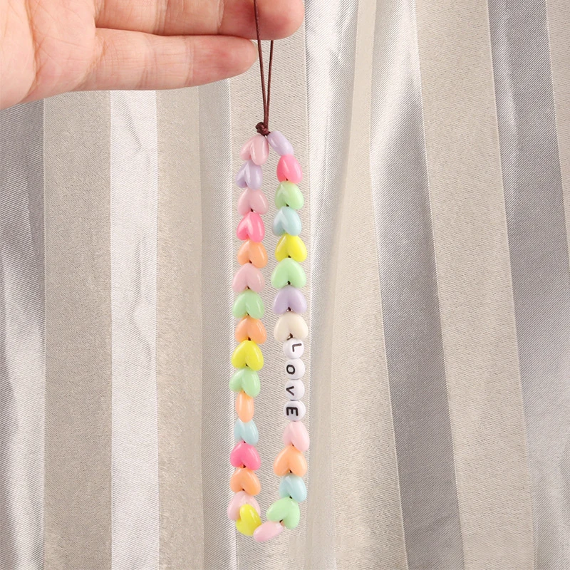 wheat ears bracelets phone charm acrylic love letters beaded wrist strap keychain on the phone lanyard rope accessories free global shipping