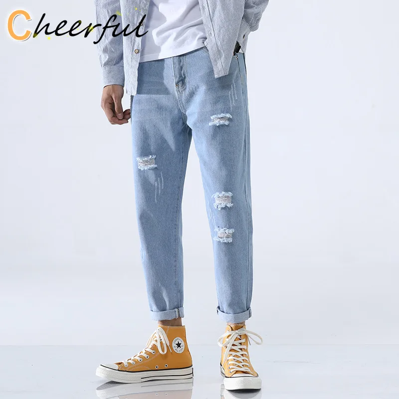 

Светло-голубые облегающие джинсы, Мужская Уличная одежда, рваные джинсы, мужские хип-хоп рваные мужские брюки-карандаш из денима с дырками