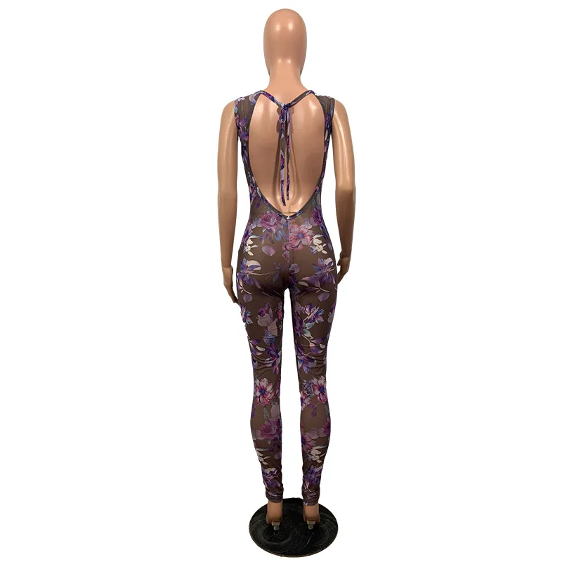 

Summer Trendy Clothes Mesh Sheer Bodycon Rompers Women Jumpsuit Sleeveless Backless Sexy Outfits Party Club Wear Overalls