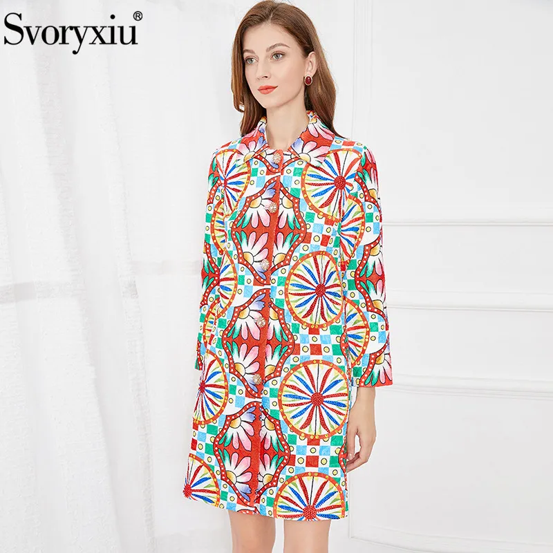

Svoryxiu Autumn Fashion Woman Windbreaker Overcoat Lapel Diamond Single Breasted Printing Straight Type Long Section Coat Jacket