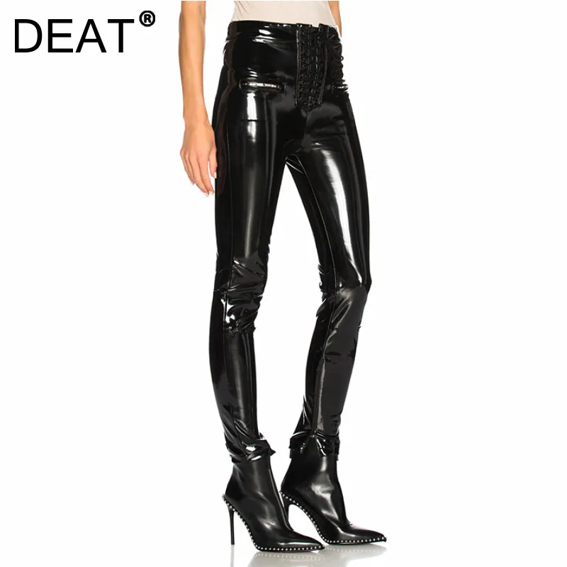 

DEAT 2021 New Autumn And Winter Moto Shinny Real Leather High Quality Mid Waist Full Length Slim Pants Female WT13401L