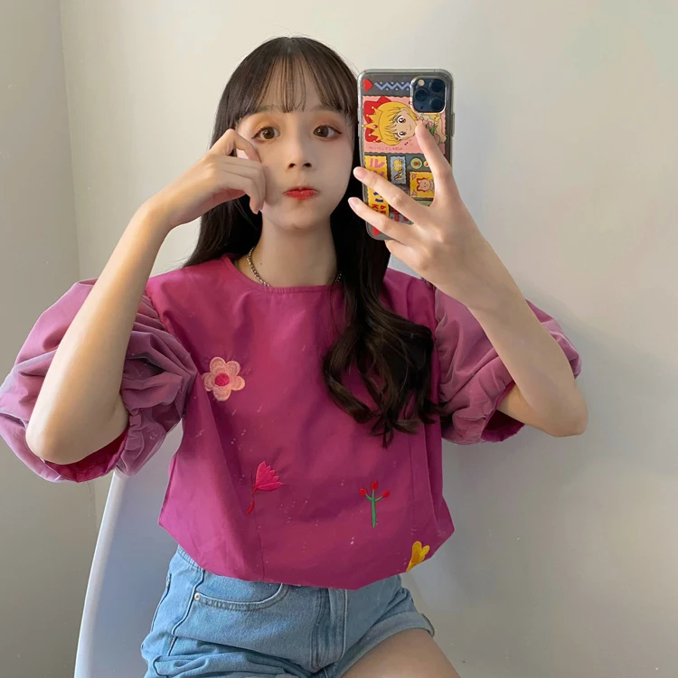 

Hipster Preppy Style Puff Sleeve Loose Shirts Floral Embroidery Ladies Tops Sweet Korean Clothes New Women's Clothing Blouses