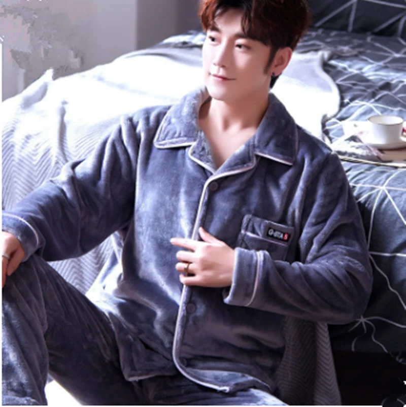 Зимние мужские пижамные комплекты из кораллового флиса Толстая однотонная