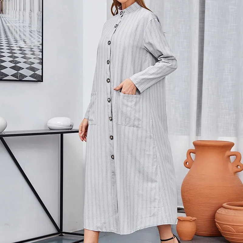 

Striped Muslim Long Dress Women Stand Collar Single Breasted Pockets Robes 2021 New Loose Casual Islam Arab Dubai Muslim Dresses