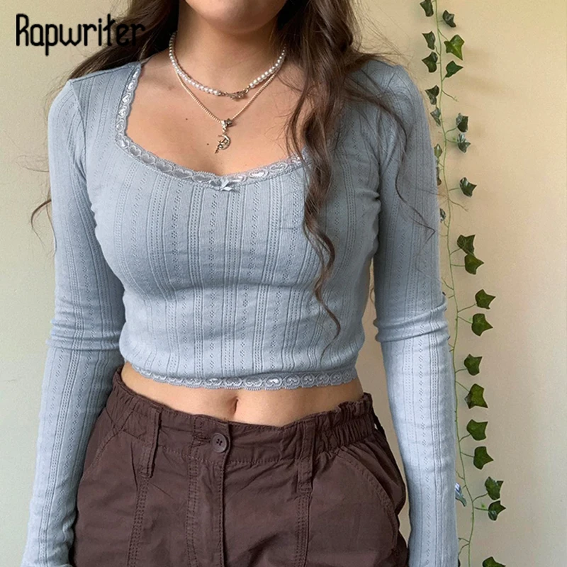 

Rapwriter y2k Lace Parched Crop Top Korean Sweet Tshirt For Girl Skinny Long Sleeve Top Vintage Square Collar Tee Elegant Corset