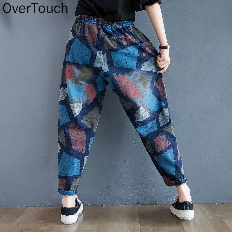 

2021 Plus Size Women Jeans Pants Autumn Winter Denim Harem Pants Fashion Print Elastic Waist Oversize Trousers Streetwear