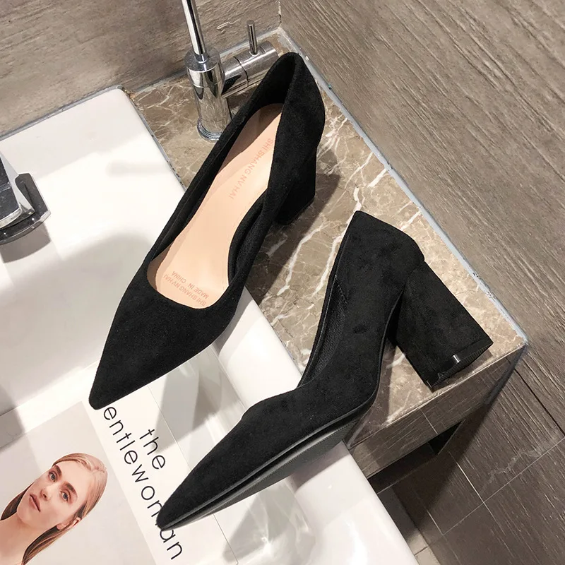 

Free shipping Women lady Black Nude suede leather Poined Toes square heel high heels shoes pumps Simple Shoes office shoes