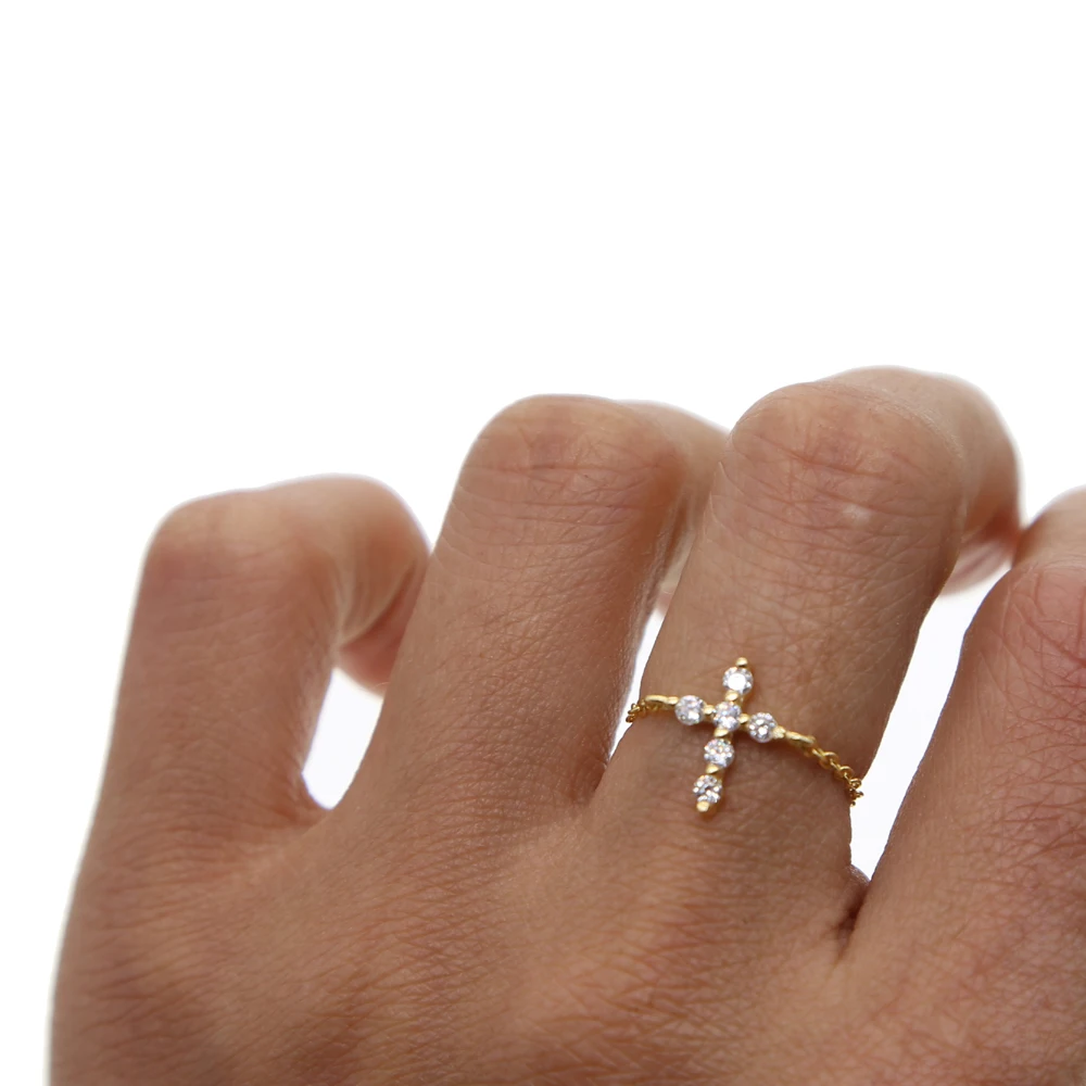 drop shipping 925 stering silver 3color cross CZ adjust delicate chain women girl dainty minimal cz simple cute ring | Украшения и