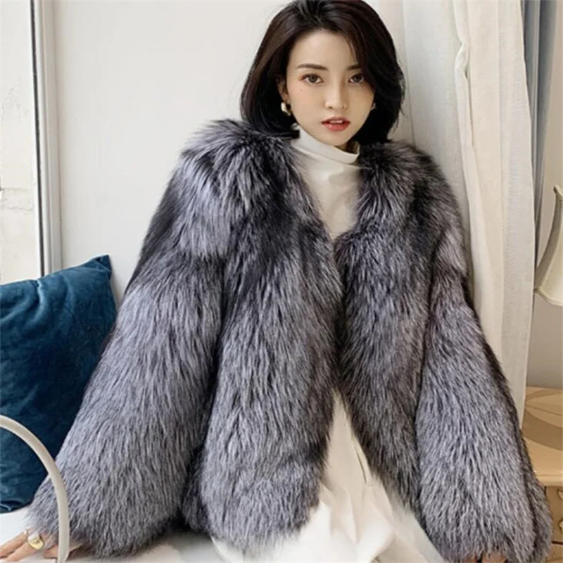 Women's fur coat fashion imitation fox fur whole fur short clothes autumn and winter new casual ladies jacket manteau femme