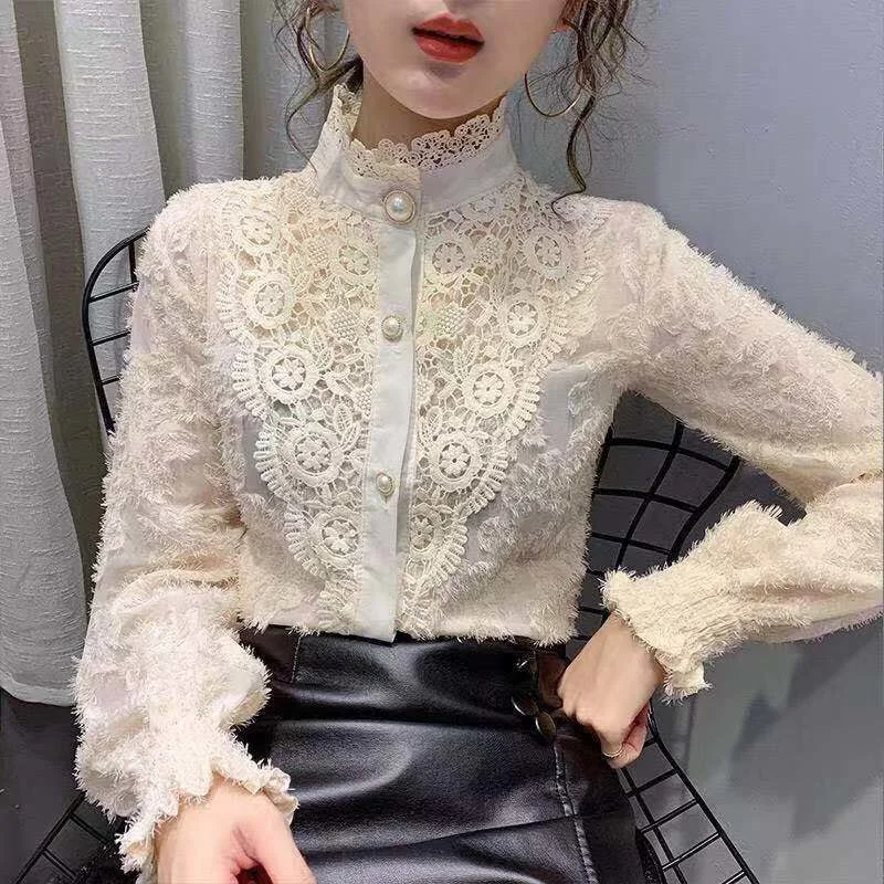 

Blouse Women Women's Lace Shirt Autumn and Winter Turtleneck Long Sleeve Stand Collar Shirt Thickened Blusas Ropa De Mujer