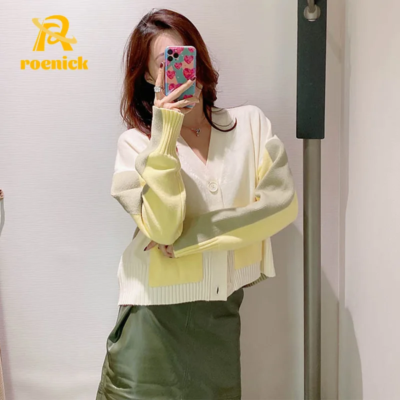 

ROENICK Women Autumn New Contrast Color Loose Sweaters Cardigans Fashion Long-Sleeved Knitted Jackets Chic Long-Sleeved Tops