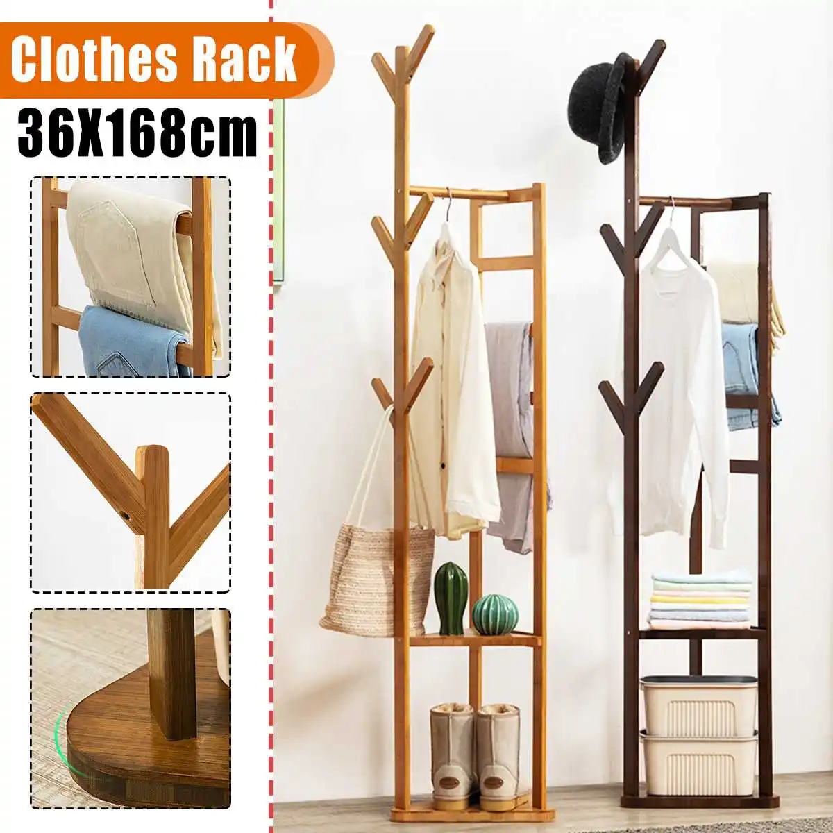 Bamboo Coat Rack Hat Clothes Hangers Floor Standing Display with Hooks Bedroom Living Room Clothes Rack Home Clothing Organizer