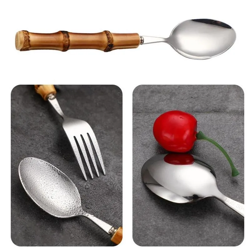 

Bamboo Handle Tableware Set Stainless Steel Cutlery Set Mirror Silverware Knife Fork Spoon Tableware Flatware Forks Spoons