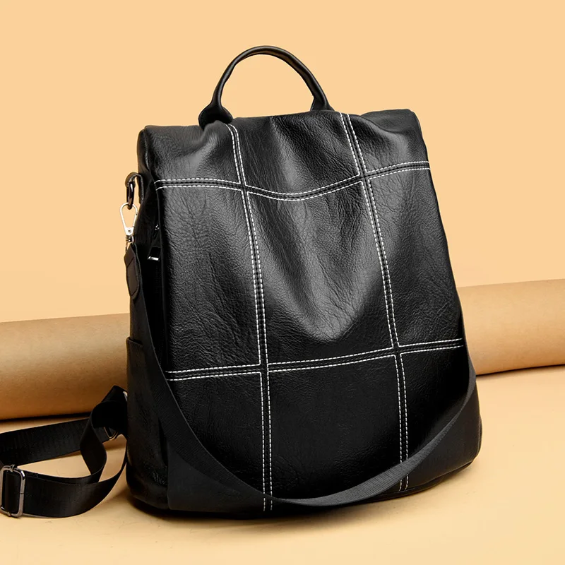 

Black School Backpack for Teenager Girls Plaid Pattern PU Leather Trendy Simple Bagpack Women Multifunction Quality Backbag Sac