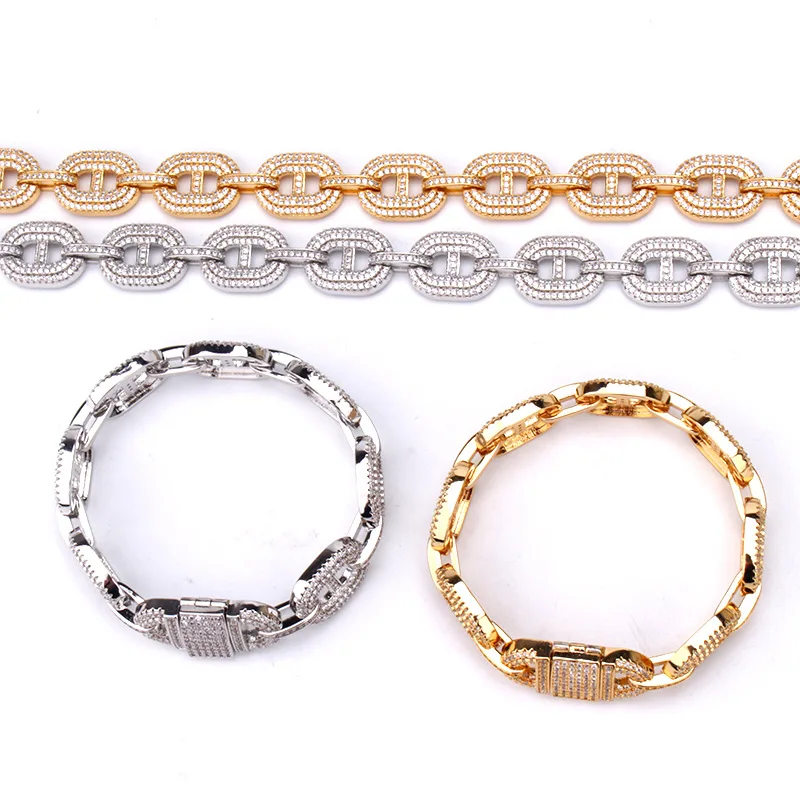 

15mm Hip Hop AAA CZ Stone Paved Bling Iced Out Pig Nose Coffee Bean Link Chain Bracelet Necklaces Set for Men Rapper Jewelry