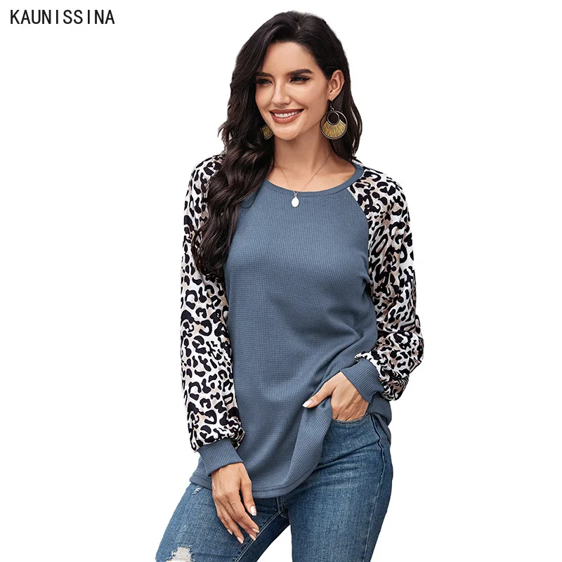 

Women Long Sleeve Loose T-Shirt Leopard Print Patchwork Spring Autumn Tops Ladies O-Neck Casual tshirt Clothes