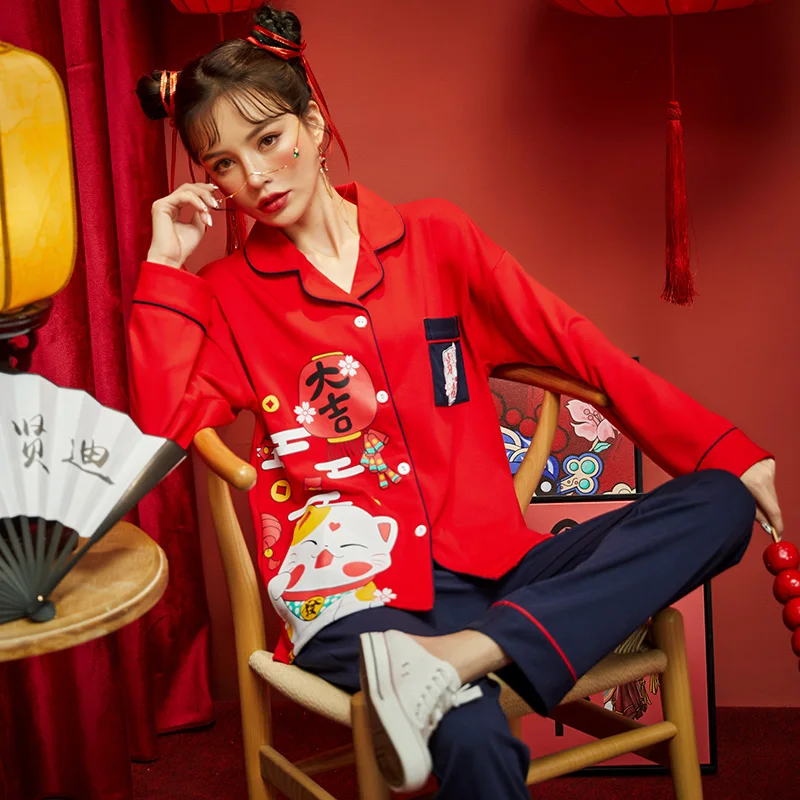 

Winter Cotton Women Pajamas Set Traditional New Year Red Pajama Cute Cartoon Lucky Cat Homewear Cardigan Chinese Style Sleepwear