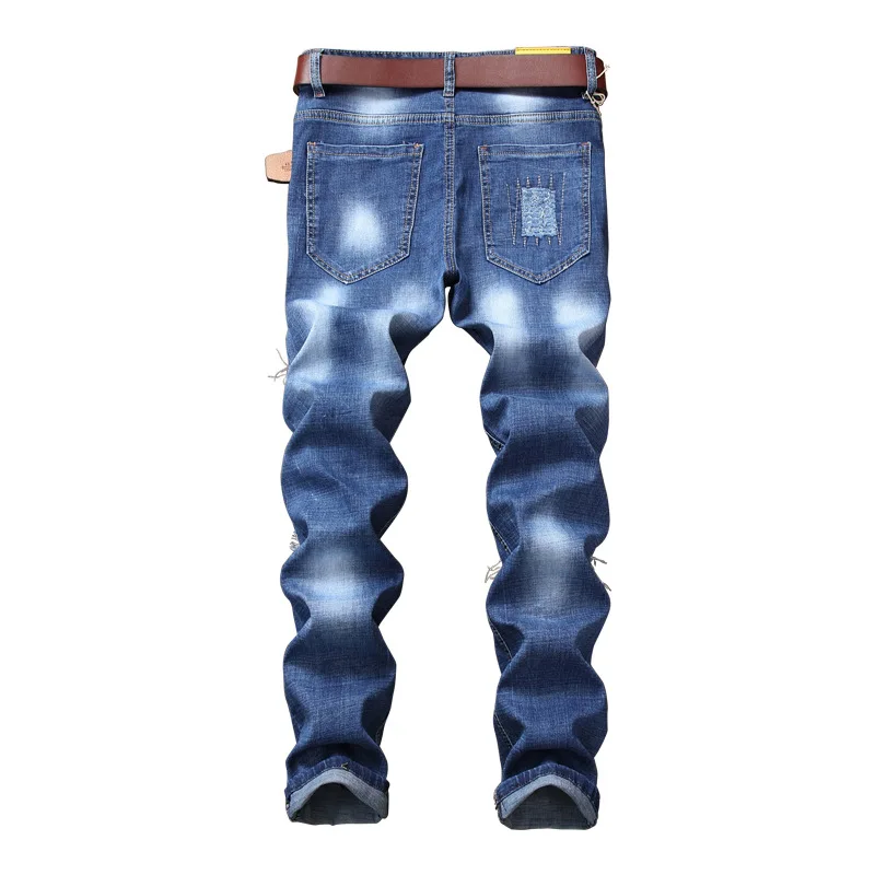 

Patchwork Jeans Men New Pantalon Hombre Slim Fit Patch Boys Jeans Men Pants Straight Elastic Patch Badge Hole Men's Trousers